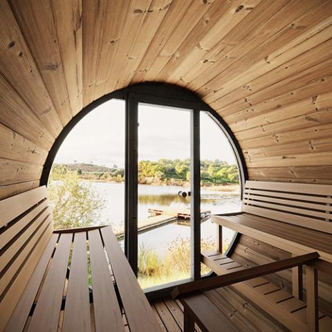 SaunaLife EE8G 4-Person Outdoor Barrel Sauna - Glass Front