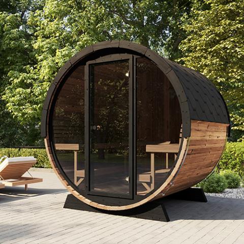 SaunaLife EE8G 4-Person Outdoor Barrel Sauna - Glass Front
