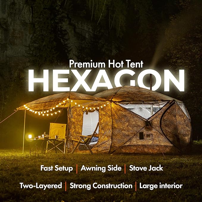 RBM Outdoors Hexagon All-Season 8-Person Premium Wall Tent with Stove Jack
