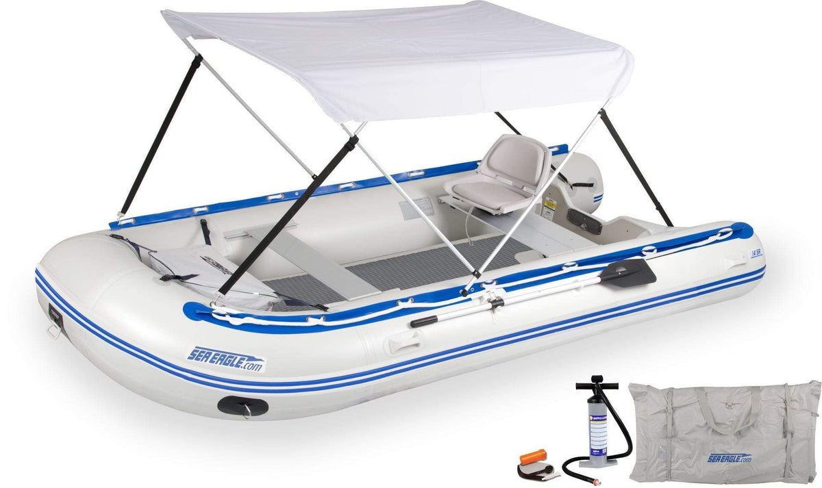 SeaEagle Transom Boat Packages Swivel Seat and Canopy / Dropstitch Sea Eagle - 14SRK 7 Person 14&#39; White/Blue Sport Runabout Inflatable Boat Swivel Seat Canopy Package ( 14SRK_SWC )